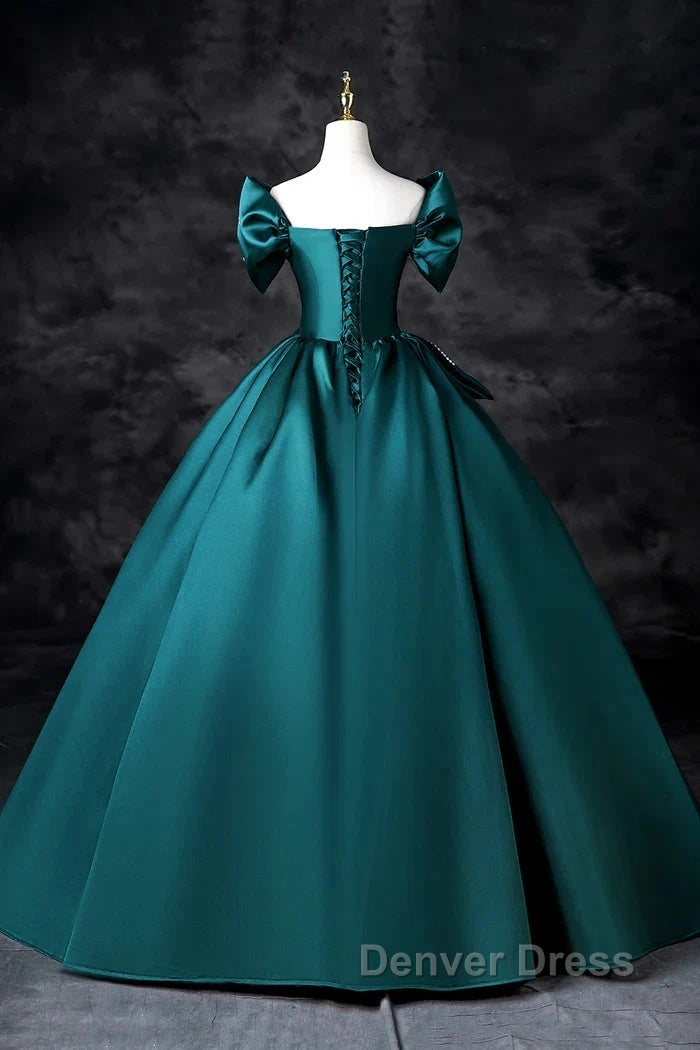 Teal A-Line Off The Shoulder Satin Long Prom Dresses, Elegant Evening Dresses