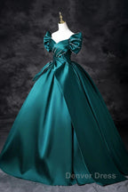 Teal A-Line Off The Shoulder Satin Long Prom Dresses, Elegant Evening Dresses