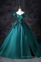 Teal A-Line Off The Shoulder Satin Long Prom Dresses, Elegant Evening Dresses