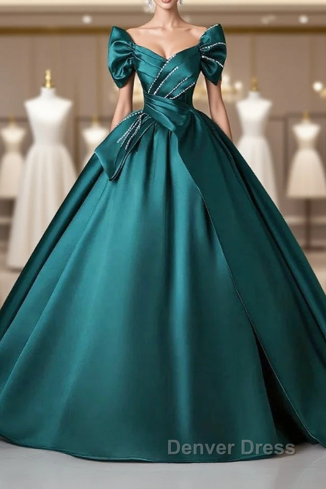 Teal A-Line Off The Shoulder Satin Long Prom Dresses, Elegant Evening Dresses Main image