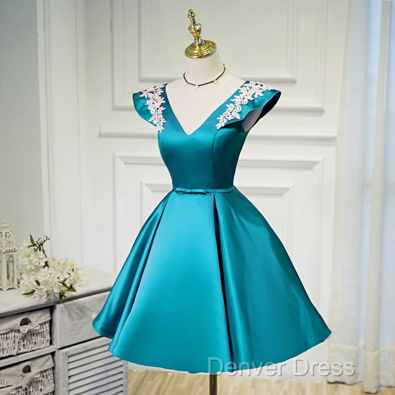 Teal Blue Satin Short Party Dresses With White Lace, Blue Homecoming Dresses Prom Dresses