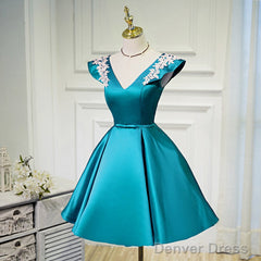 Teal Blue Satin Short Party Dress With White Lace, Blue Homecoming Dress Prom Dress