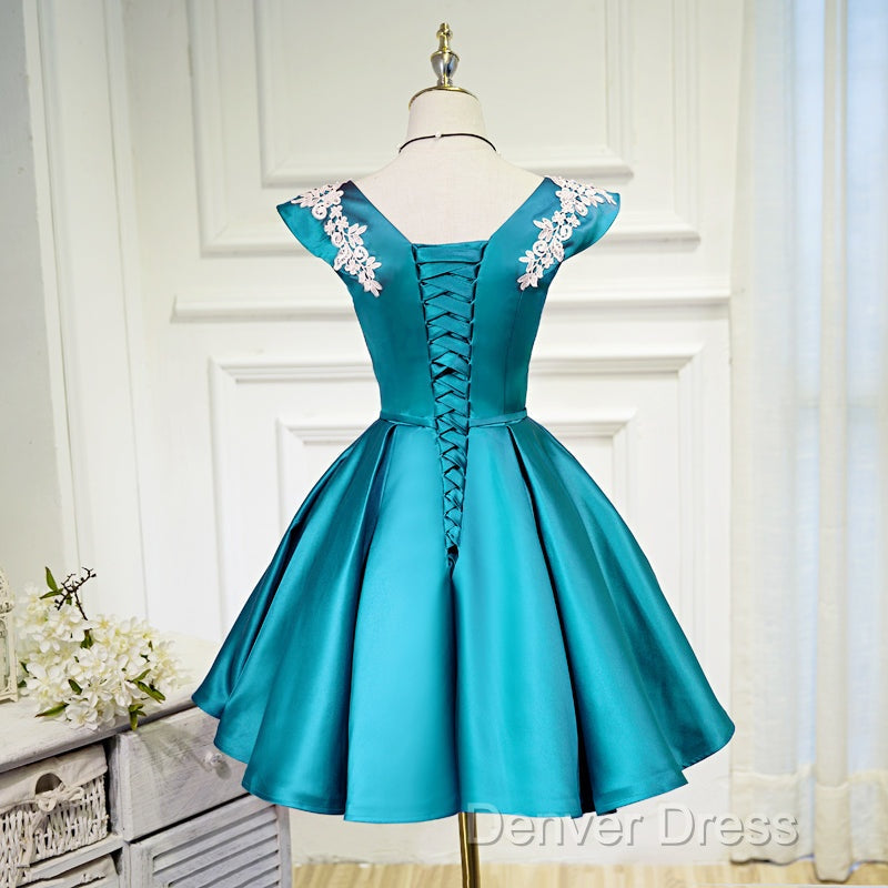 Teal Blue Satin Short Party Dresses With White Lace, Blue Homecoming D