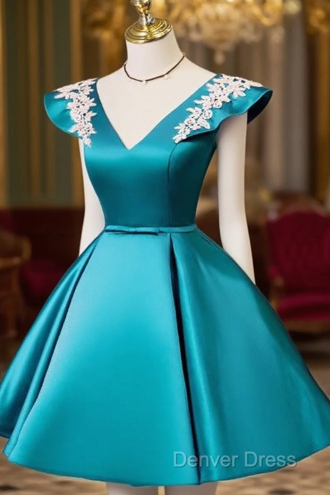 Teal Blue Satin Short Prom Dress With White Lace, Blue Homecoming Dress Prom Dresses