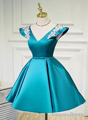 Teal Blue Satin Short Party Dress With White Lace, Blue Homecoming Dress Prom Dress