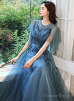 Teal Blue Tulle A-Line Long Prom Dress With Lace, Long Formal Dress