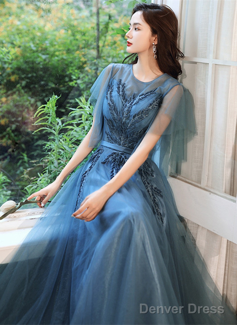 Teal Blue Tulle A-Line Long Prom Dress With Lace, Long Formal Dress