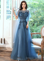 Teal Blue Tulle A-Line Long Prom Dress With Lace, Long Formal Dress