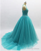 Teal Blue Tulle Beaded Ball Gown High Neckline Sweet 16 Dress, Blue Quinceanera Dresses