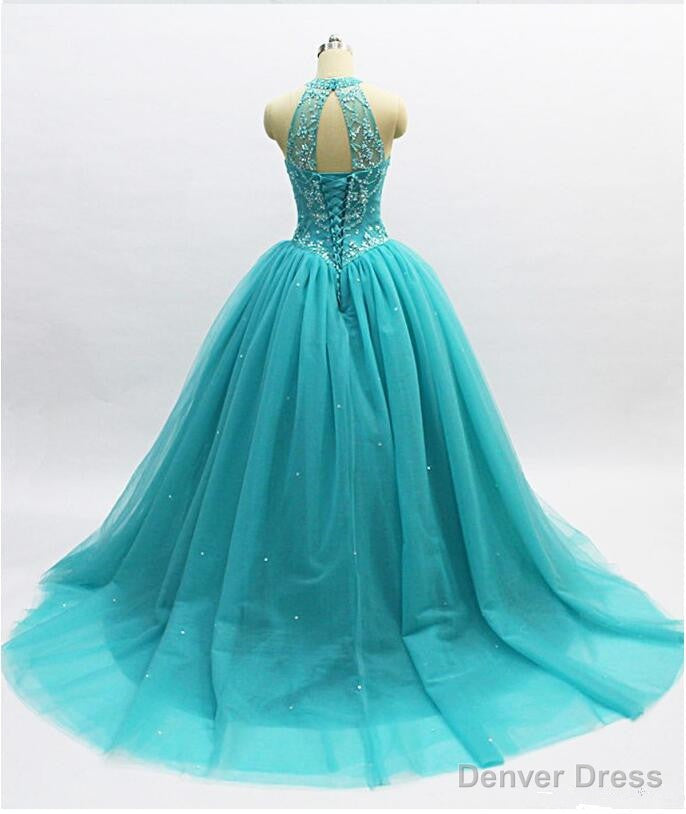 Teal Blue Tulle Beaded Ball Gowns High Neckline Sweet 16 Dress, Blue Quinceanera Dresses