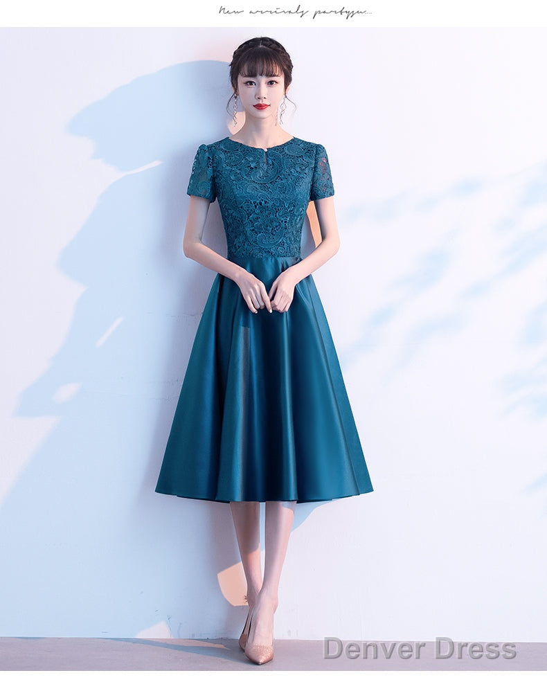 Teal Green Round Neckline Satin With Lace Wedding Party Dresses, Short Bridesmaid Dresses