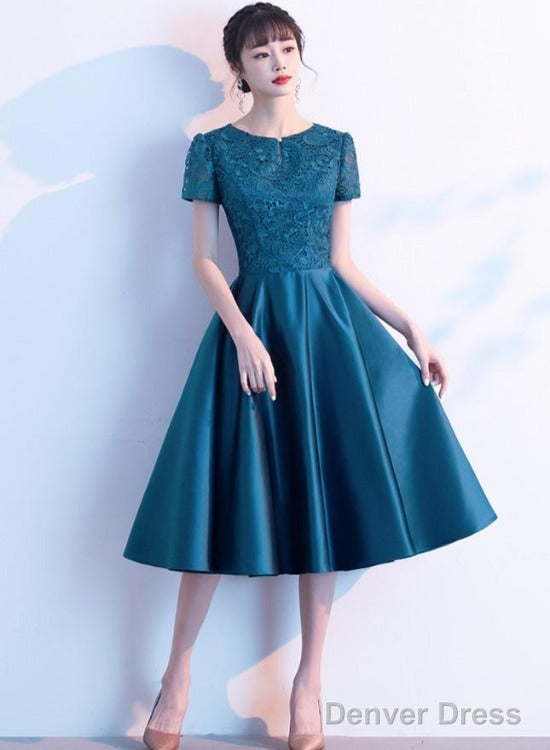 Teal Green Round Neckline Satin With Lace Wedding Prom Dress, Short Bridesmaid Dresses