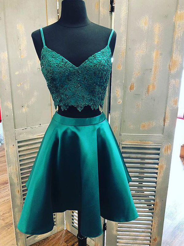 Teal Green Spaghetti Strap Two Piece Lace Satin Homecoming Dresses Secondary image
