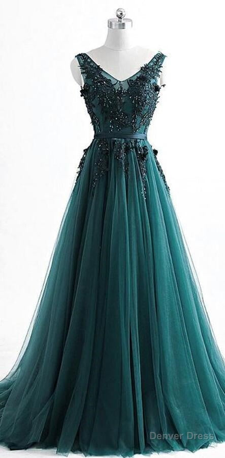 V Neck Dark Green Cheap Long Prom Dress, Sweet 16 Prom Dresses Main image