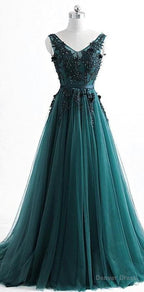 V Neck Dark Green Cheap Long Prom Dress, Sweet 16 Prom Dresses
