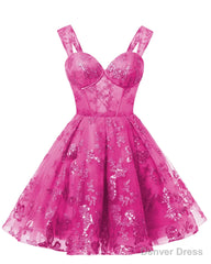 Teens Sparkly Tulle Fuchsia Homecoming Dresses Spaghetti Straps Short Cocktail Party Prom Dress
