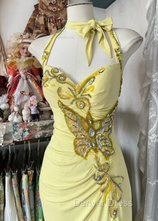Temperament Yellow Mermaid Halter Neck Sequin Diamond Long Prom Dresses Birthday Dresses Secondary image