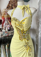 Temperament Yellow Mermaid Halter Neck Sequin Diamond Long Prom Dresses Birthday Dresses