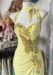 Temperament Yellow Mermaid Halter Neck Sequin Diamond Long Prom Dress Birthday Dress