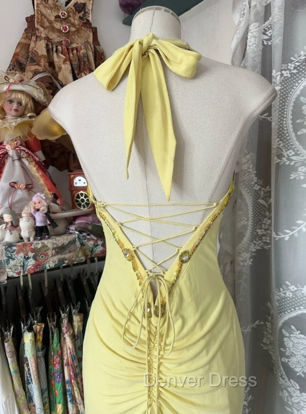 Temperament Yellow Mermaid Halter Neck Sequin Diamond Long Prom Dresses Birthday Dresses