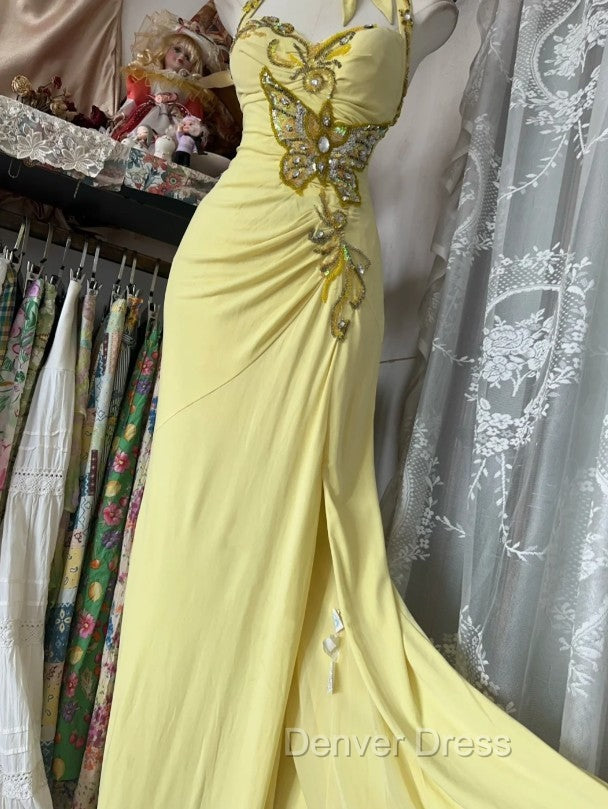Temperament Yellow Mermaid Halter Neck Sequin Diamond Long Prom Dresses Birthday Dresses