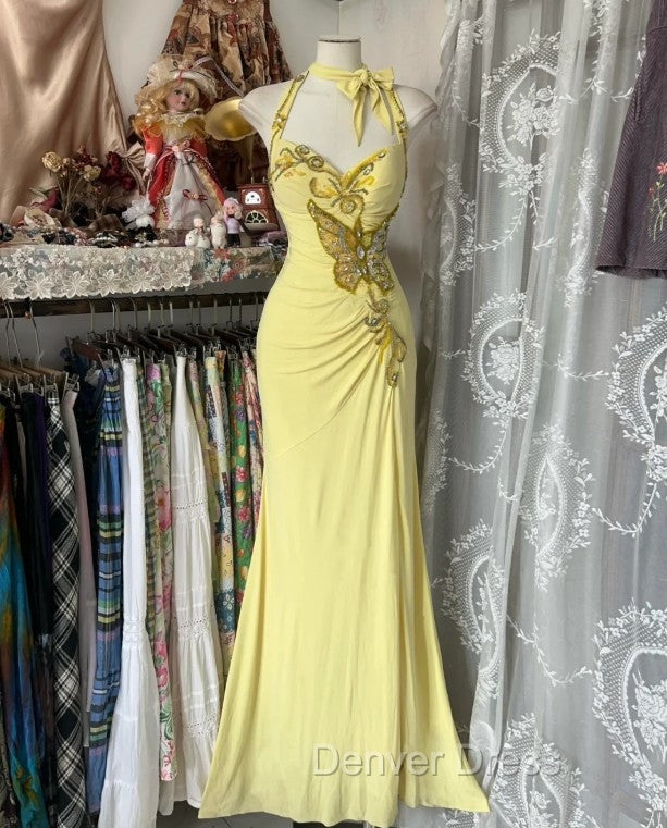 Temperament Yellow Mermaid Halter Neck Sequin Diamond Long Prom Dresses Birthday Dresses