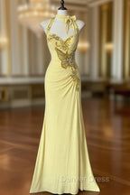 Temperament Yellow Mermaid Halter Neck Sequin Diamond Long Prom Dresses Birthday Dresses