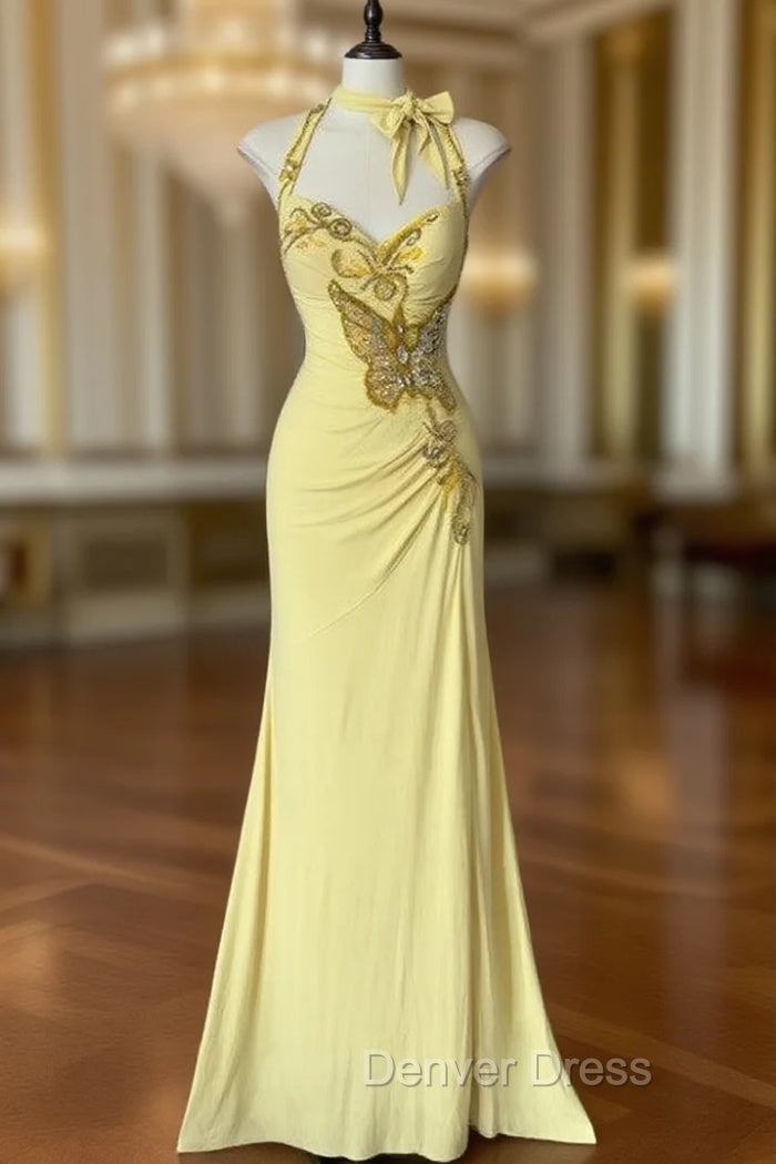 Temperament Yellow Mermaid Halter Neck Sequin Diamond Long Prom Dresses Birthday Dresses