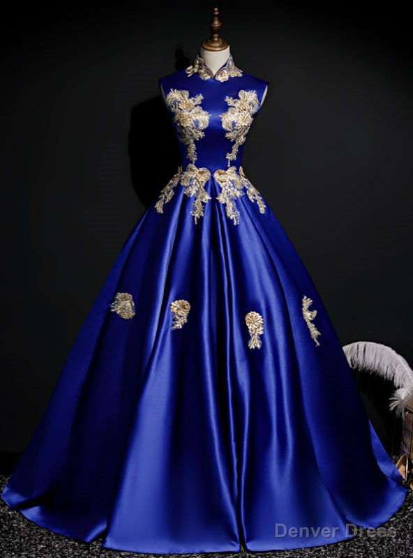 The Best Discount Blue Ball Gown Satin High Neck Appliques Backless Quinceanera Dress Main image