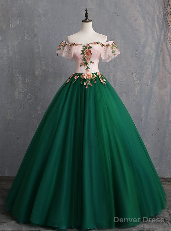The Cheap Price Green Ball Gowns Tulle Off the Shoulder Appliques Quinceanera Dresses