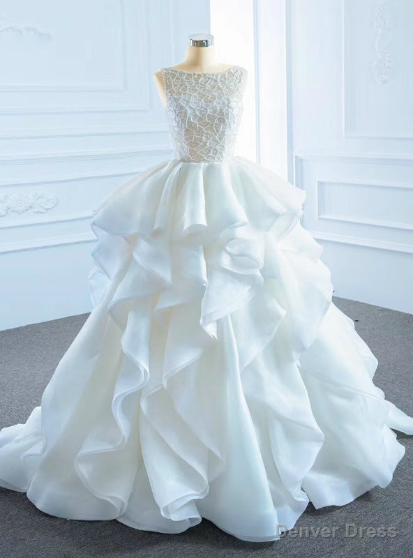 The Largest Variety Of Styles White Ball Gowns Organza Bateau Bakless Wedding Dresses With Beading