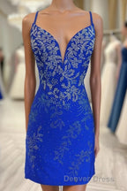 Royal Blue Beaded Plunge V Lace-Up Short Homecoming Dresses