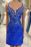 Royal Blue Beaded Plunge V Lace-Up Short Homecoming Dresses