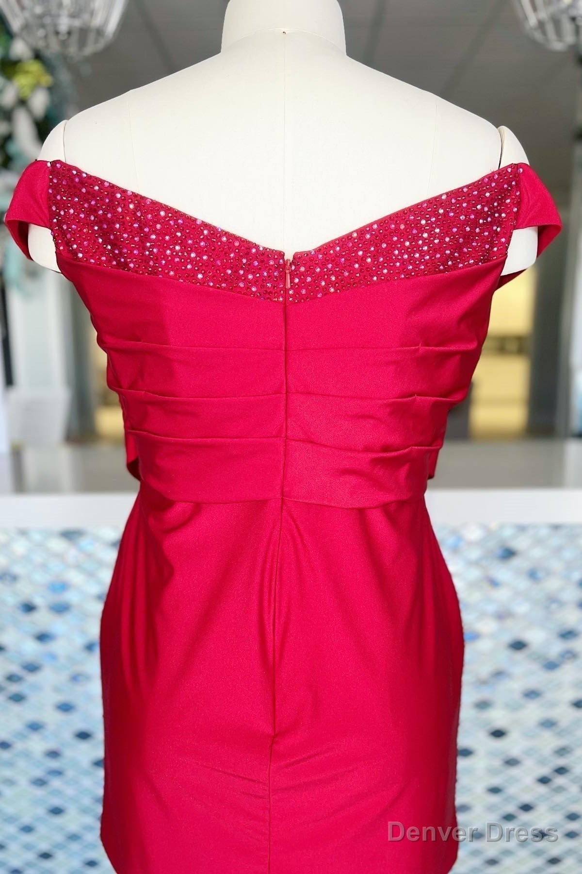Red Beaded Off The Shoulder Sheath Satin Homecoming Dresses