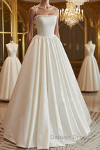 Thin Straps Open Back Ivory Satin Long Prom Dress with Pearls, Long Ivory Prom Graduation Prom Dresses