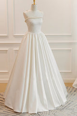 Thin Straps Open Back Ivory Satin Long Prom Dresses with Pearls, Long Ivory Formal Graduation Evening Dresses