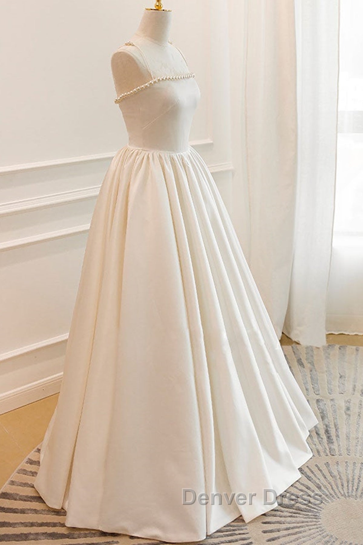 Thin Straps Open Back Ivory Satin Long Prom Dress with Pearls, Long Ivory Prom Graduation Prom Dresses