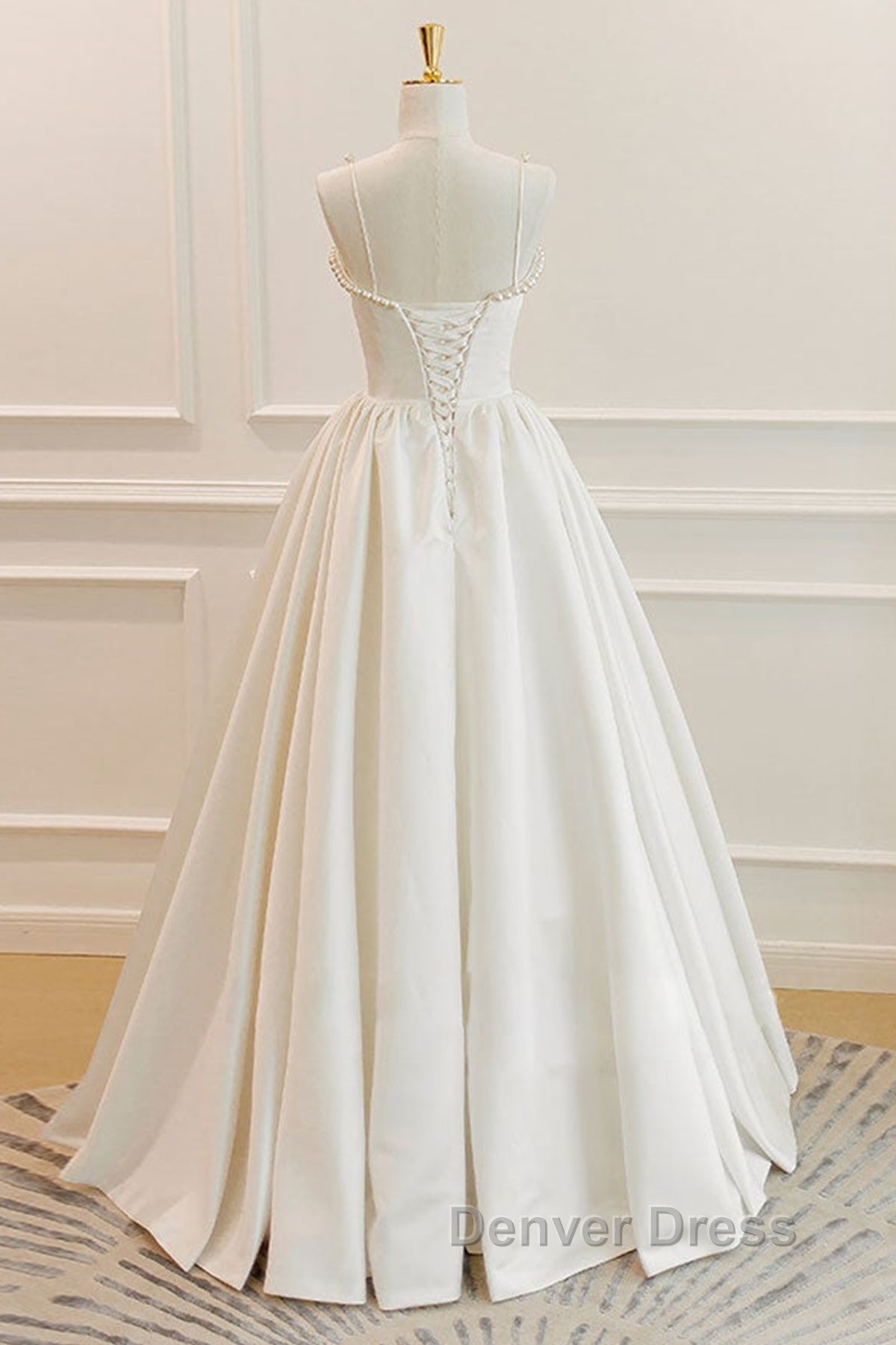 Thin Straps Open Back Ivory Satin Long Prom Dress with Pearls, Long Ivory Prom Graduation Prom Dresses