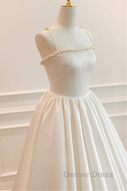 Thin Straps Open Back Ivory Satin Long Prom Dress with Pearls, Long Ivory Prom Graduation Prom Dresses