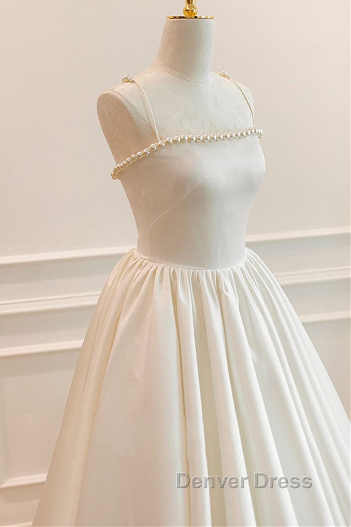 Thin Straps Open Back Ivory Satin Long Prom Dress with Pearls, Long Ivory Prom Graduation Prom Dresses