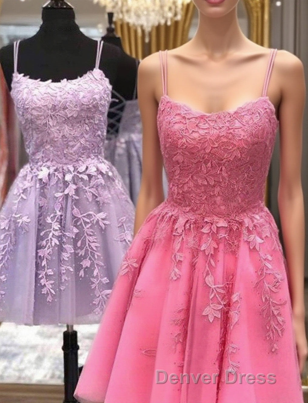 Thin Straps Short Purple Pink Lace Prom Dresses, Short Purple Pink Lace Graduation Homecoming Dresses Main image