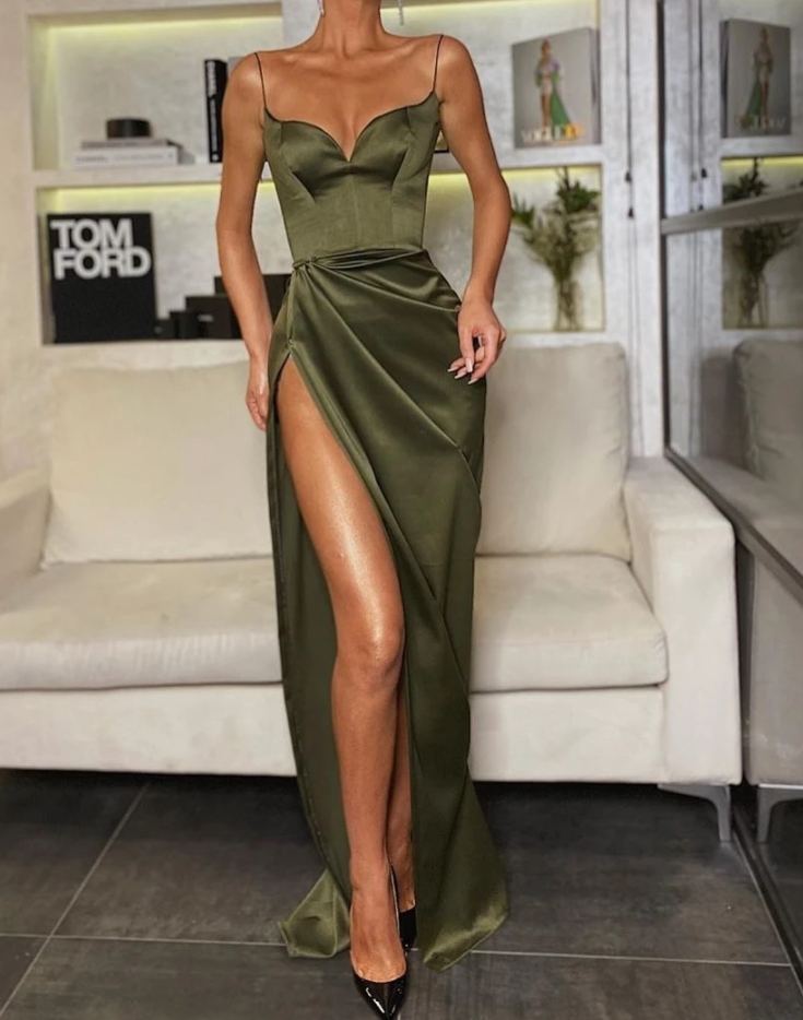 Thin Straps Simple Prom Gown With Leg Slit Side Main image