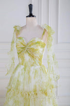 Tie Straps Yellow Floral Print Ruffles Tulle Long Prom Dresses