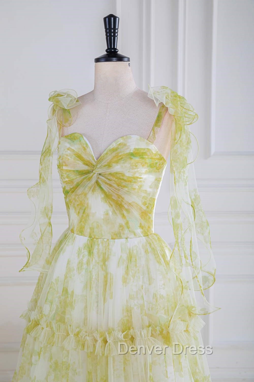 Tie Straps Yellow Floral Print Ruffles Tulle Long Prom Dresses