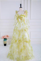 Tie Straps Yellow Floral Print Ruffles Tulle Long Prom Dresses