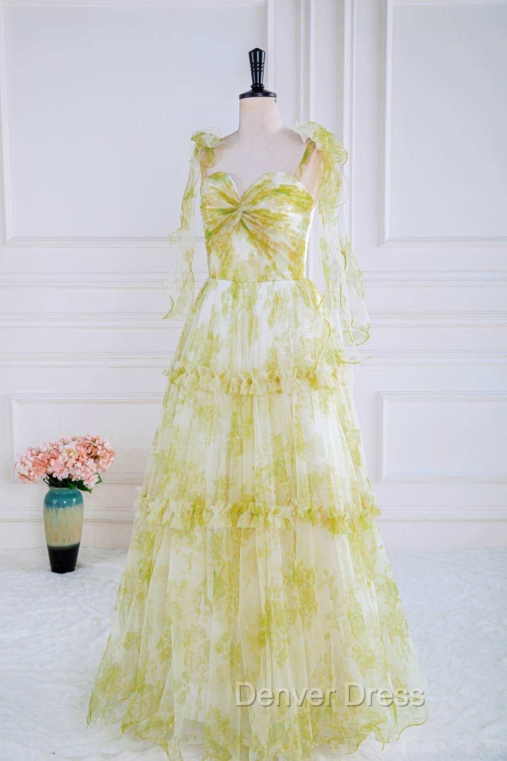 Tie Straps Yellow Floral Print Ruffles Tulle Long Prom Dresses