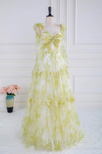 Tie Straps Yellow Floral Print Ruffles Tulle Long Prom Dresses