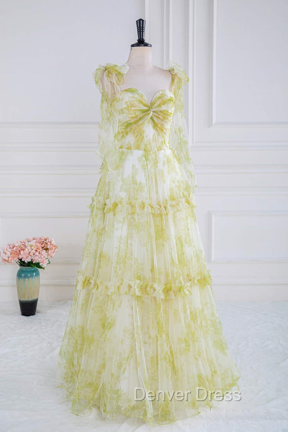 Tie Straps Yellow Floral Print Ruffles Tulle Long Prom Dresses