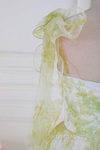 Tie Straps Yellow Floral Print Ruffles Tulle Long Prom Dresses