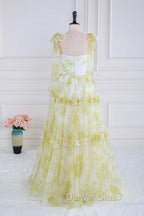 Tie Straps Yellow Floral Print Ruffles Tulle Long Prom Dresses